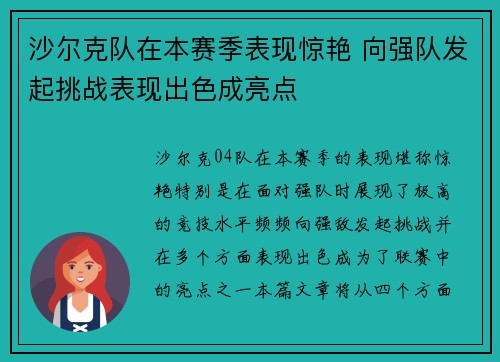 沙尔克队在本赛季表现惊艳 向强队发起挑战表现出色成亮点