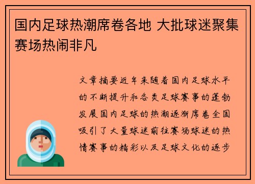 国内足球热潮席卷各地 大批球迷聚集赛场热闹非凡