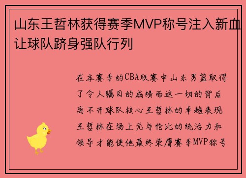 山东王哲林获得赛季MVP称号注入新血让球队跻身强队行列