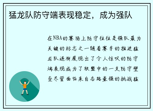 猛龙队防守端表现稳定，成为强队
