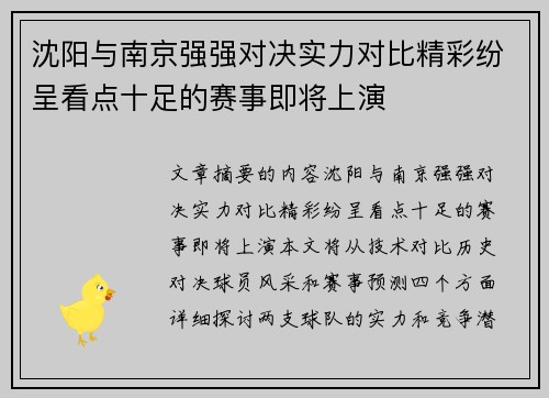 沈阳与南京强强对决实力对比精彩纷呈看点十足的赛事即将上演