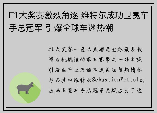 F1大奖赛激烈角逐 维特尔成功卫冕车手总冠军 引爆全球车迷热潮