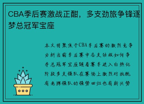 CBA季后赛激战正酣，多支劲旅争锋逐梦总冠军宝座